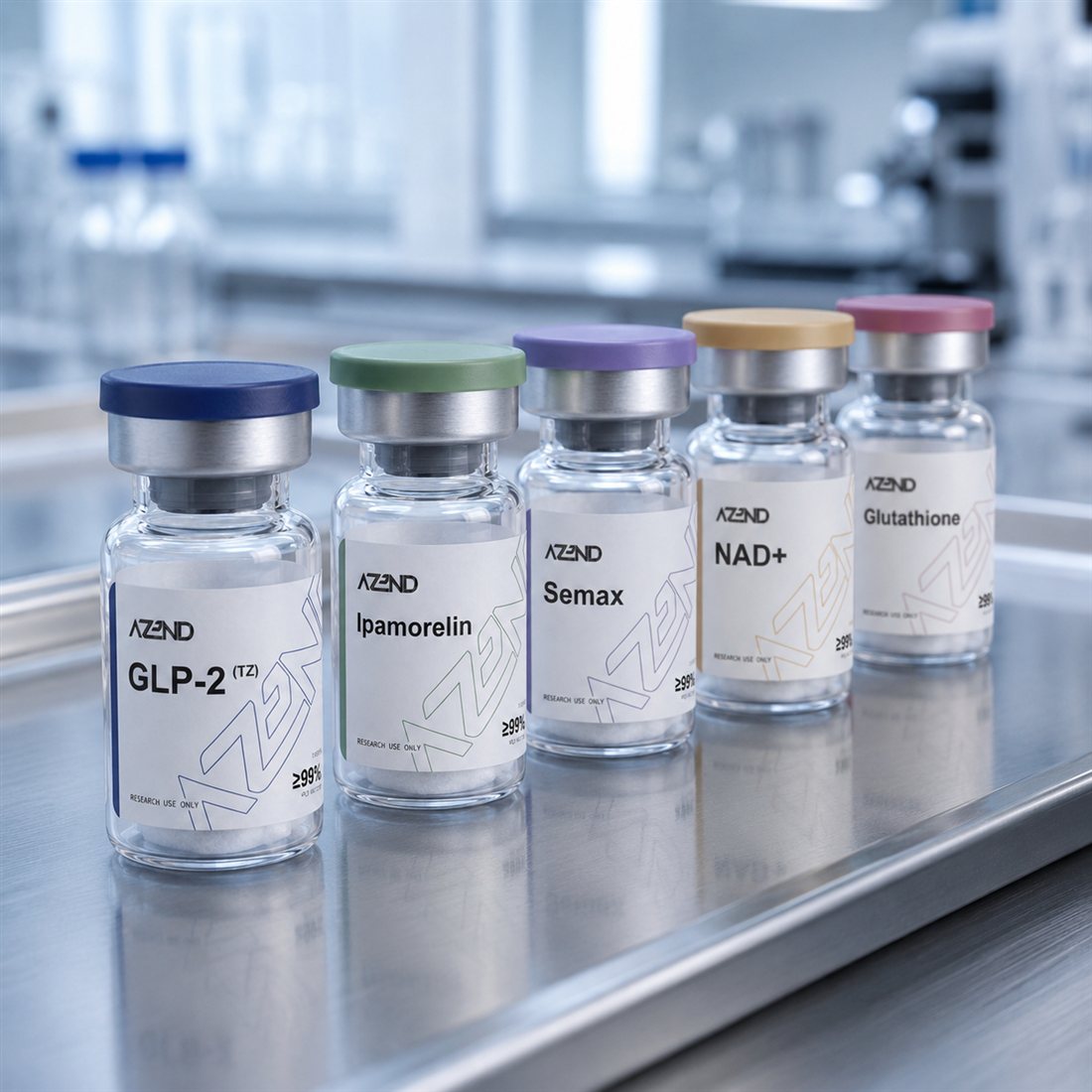 Azend research peptide vials on a laboratory tray