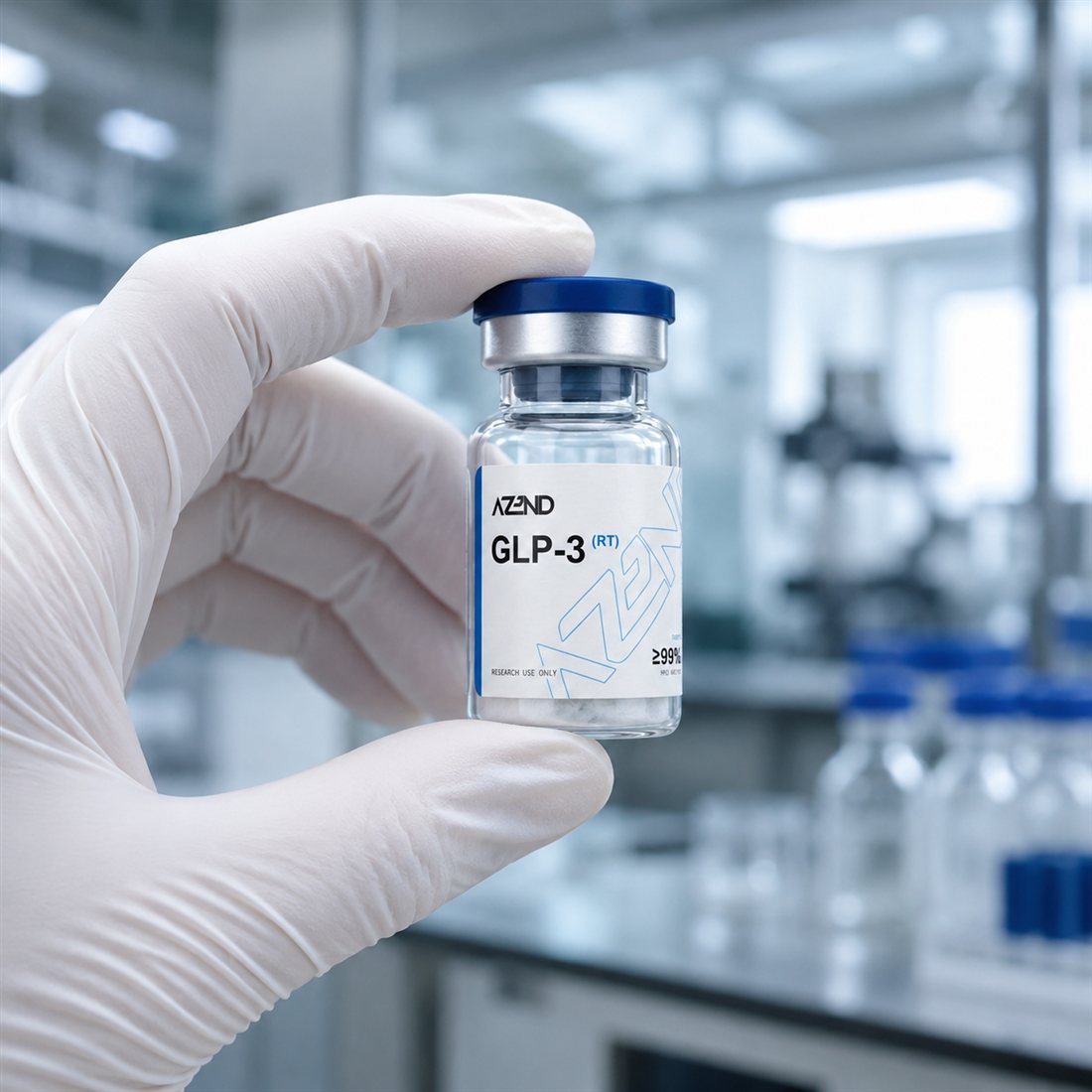 Gloved hand inspecting an Azend research peptide vial in a laboratory